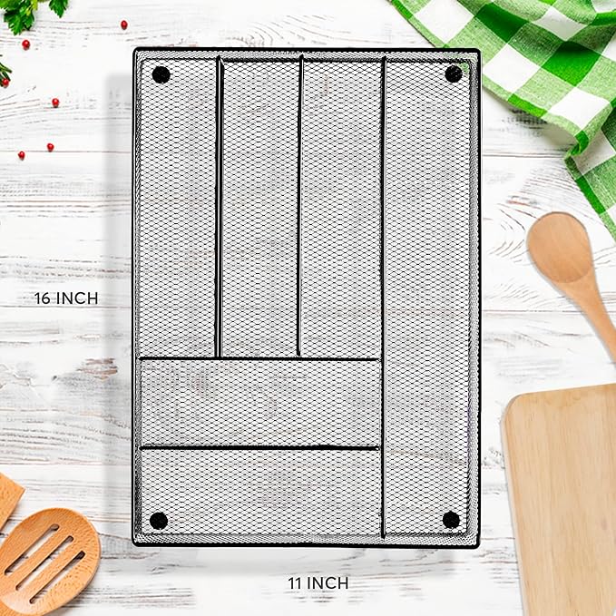 Kitchen Utensil Silverware Tray - Drawer Organizer for Flateware - Drawer Mesh Organizer (Silver)