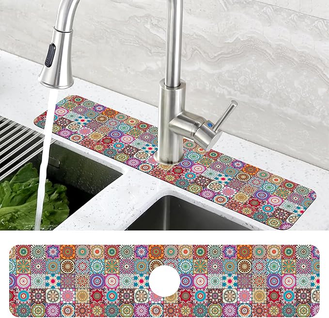 Vintage Boho Mandala Floral Kitchen Sink Splash Guard Mat Absorbent Fast Drying Mat Faucet Draining Mat Sink Splash Guard Behind Faucet Drip Catcher for Kitchen Bathroom 5.5"×24"