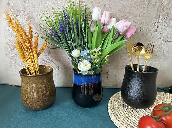 Short Kitchen Utensil Holder for Kitchen Counter, Ceramic Small Utensil Crock & Vase & Holder for Cutlery Spatula Brush Silverware Cooking Utensil Holder (Matte Black)