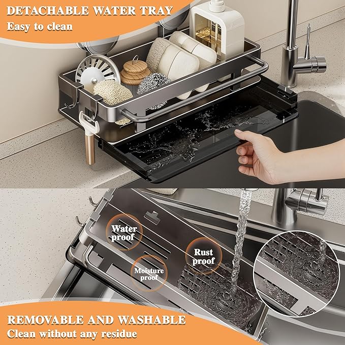 vorona Sponge Holder for Kitchen Sink with Suction Cup, Rustproof Stainless Steel Sink Caddy with Removable Drain Pan for Kitchen Countertop Accessories & Storage