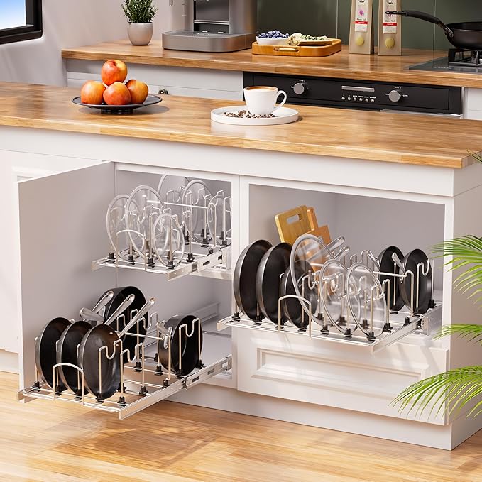 Pull Out Pots and Pans Organizer Under Cabinet, Sliding Adjustable Pot Rack with 11 Adjustable Dividers, Chromeplating Pot and Pan Holder Rack, Full-Extension Rail 15" W X 22" D