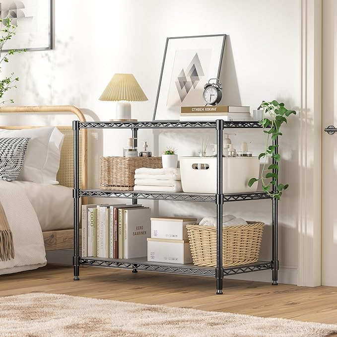 3-Tier Storage Shelves 795LBS Metal Shelving Unit, Adjustable Wire Rack Small Shelf Organizer with 3 Shelf Liners for Kitchen Pantry Office Bedroom Closet Garage 24" W x 14" D x 30" H Black
