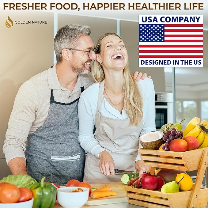 Fruit Basket - 2-Tier Bamboo Fruit & Vegetable Storage Organizer for Kitchen Counter - Gift Box Included - Lightweight & Easy Assembly - Countertop Stand Holder Bowl