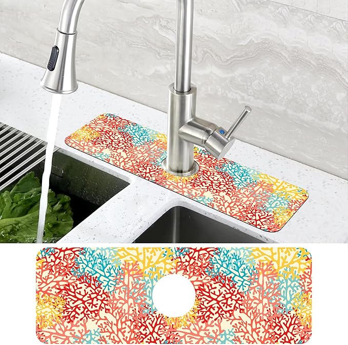Colorful Sea Corals Dish Drying Mat for Kitchen Sink Splash Guard Behind Faucet Sink Mat Absorbent Fast Drying Faucet Draining Mat for Bathroom Kitchen 5.5"×15"