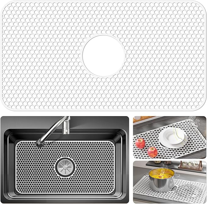 Bestjing Silicone Sink Protectors for Kitchen Sink - 26"x 14" Kitchen Protector Accessory, Non-Slip Heat Resistan Mat for Bottom of Farmhouse Stainless Steel Porcelain, Dishwasher Safe (White)