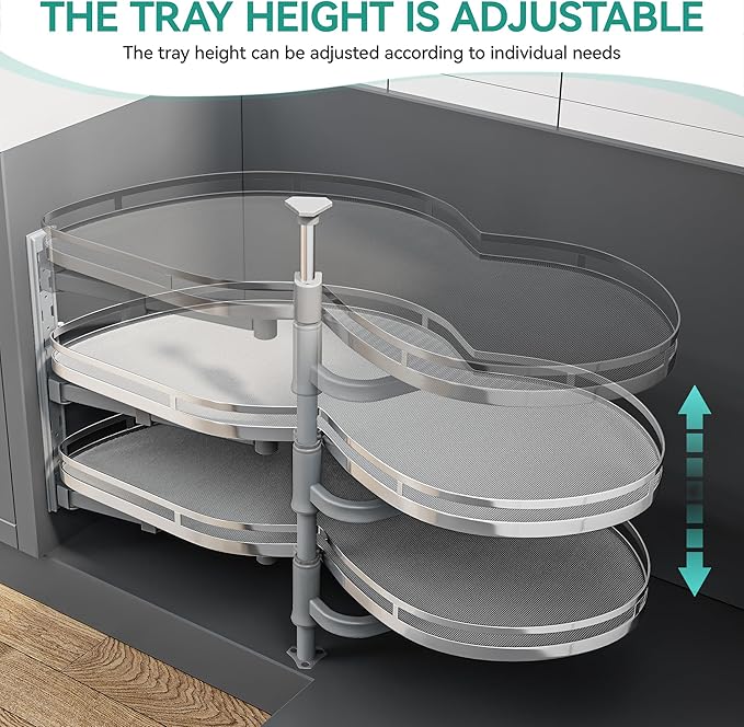 YITAHOME 32" Blind Corner Pull-Out Organizer, Soft-Close Swing-Out 2-Tier Height-Adjustable Lazy Susan, Left Swing Pull Out Organizer, Gray