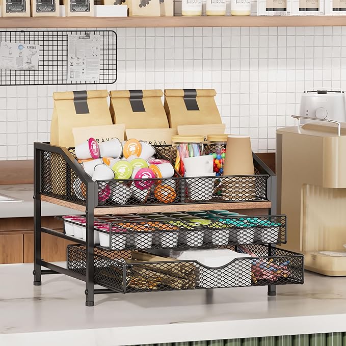 Coffee Bar Organizer for Countertop, Coffee Station Organizer with Removable Dividers, Metal and Wood K Cup Holder Storage Basket for Pods, Syrup, Stirrer and Condiment, Black and Brown