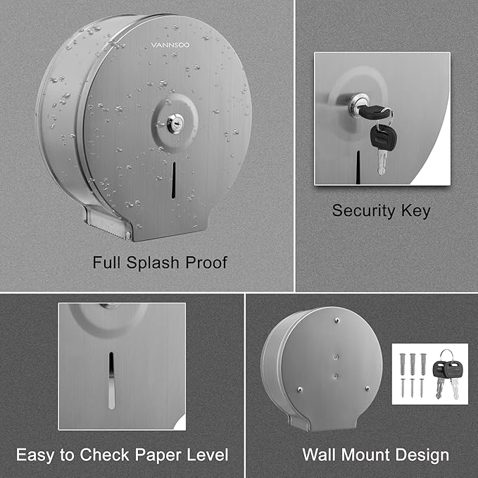 Commercial Jumbo Toilet Paper Dispenser, Wall Mount Stainless Steel 9 Inch Roll Toilet Paper Holder Bath Tissue Dispenser Lock Key (Brushed)