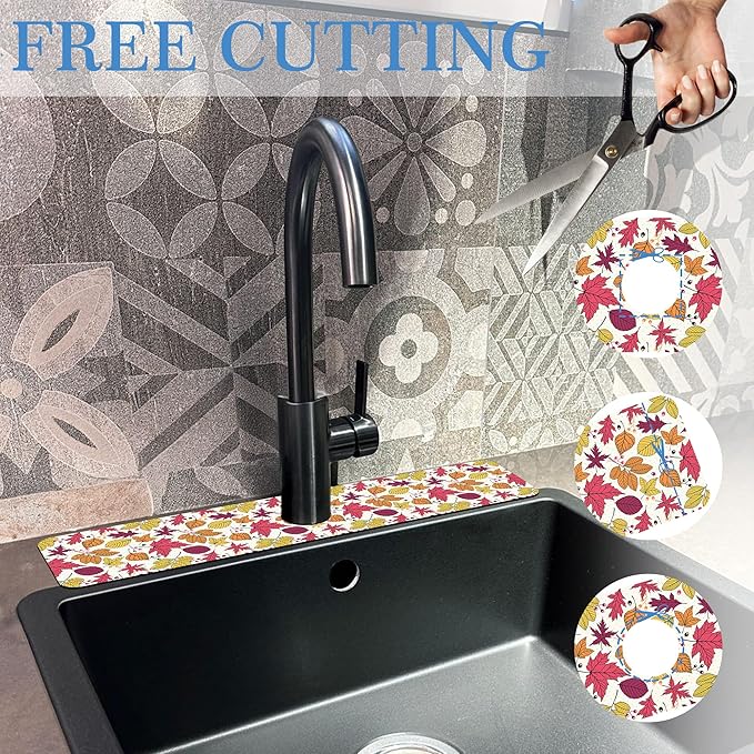 Faucet Mat Splash Guard Autumn Colorful Leave, Soft Diatom Mud Material, Strong Water Absorption, Non-slip,Easy to Clean for Bathroom, Kitchen 23.5"X5.5"