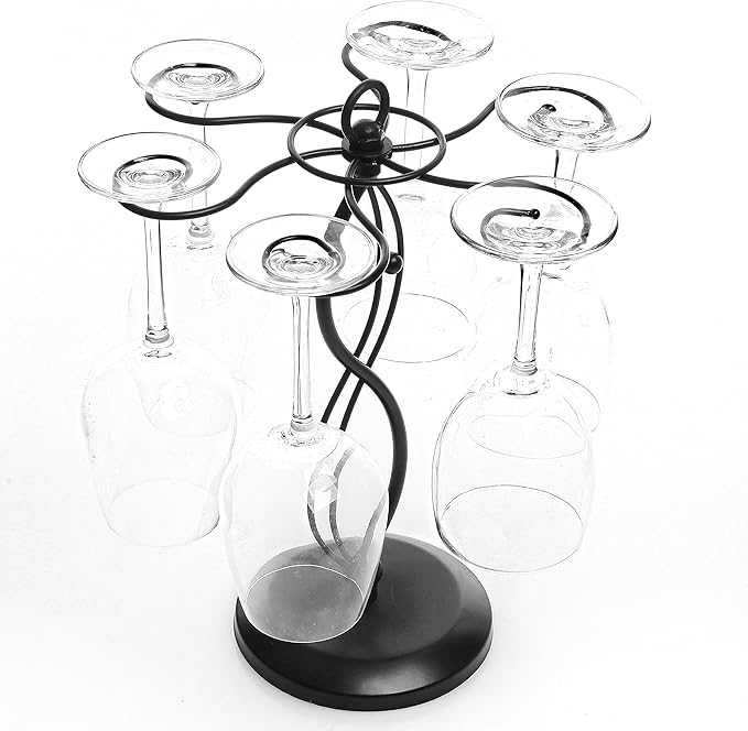 MyGift 6-Hook Rotating Wine Glass Rack with Sturdy Base & Scrollwork Design - Black Metal Countertop Stemware Holder | Rust-Resistant, Space-Saving Storage for Kitchen, Bar, Dining Table (13.75" H)