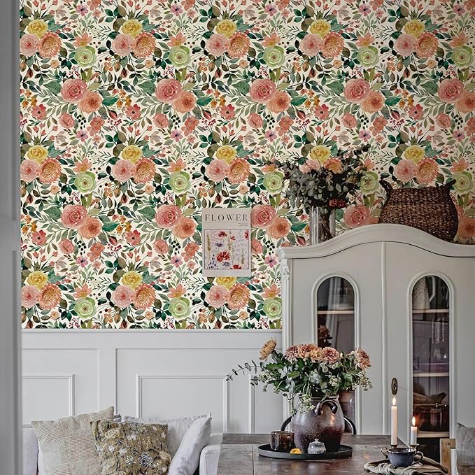 Floral Pattern Self-Adhesive Contact Paper, Oil and Water Resistant Drawer Liner Wallpaper for Dresser, Kitchen Cabinets, Dollhouse Walls, Arts & Crafts Decal (118.1" x 17.3", White Camellia)