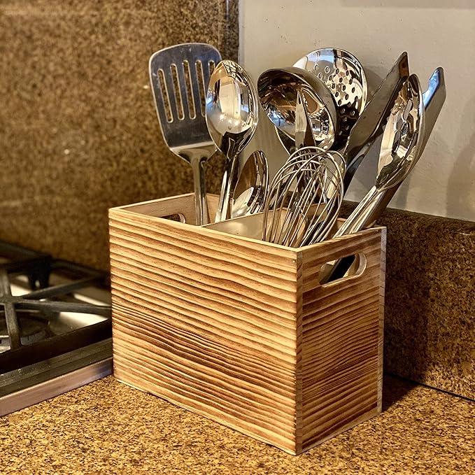 CB Accessories Wood Utensil Holder for Kitchen Counter - 2 Compartment Large Utensil Crock Organizer for Countertop - Tool Holder for Spatula - Farmhouse Decor