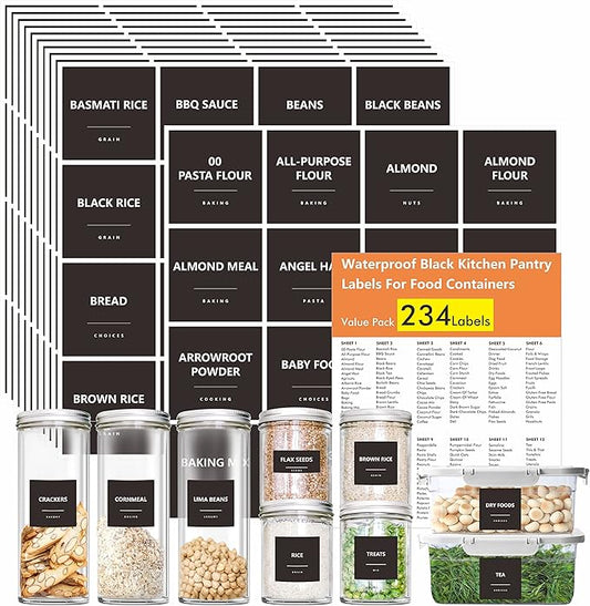 Hebayy 234 Minimalist Kitchen Food Labels, 216 Preprinted Flour Pasta Peas Condiment Oil Stickers, 18 Blank Ones, Waterproof Oil&Tear Resistant, No Residue for Pantry Food Containers Jars.