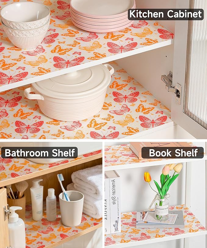 Shelf Liner for Kitchen Cabinets Non-Adhesive - Waterproof and Washable Drawer Liners - Ideal for Refrigerator, Dresser, Bathroom Shelves, Pantry, and Cupboards(Red Butterfly, 23.6" W x 118" L)