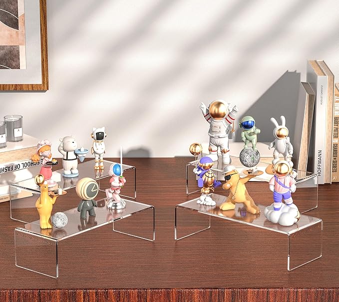 Jusalpha 4 Pc Large 12'' Clear Acrylic Risers, Display Risers Shelf Showcase Fixtures for Retail, Display Stand for Amiibo Funko POP Figures, Cupcakes, Food Display, Cabinet Organizer (12''x 5''x 3.5 '')