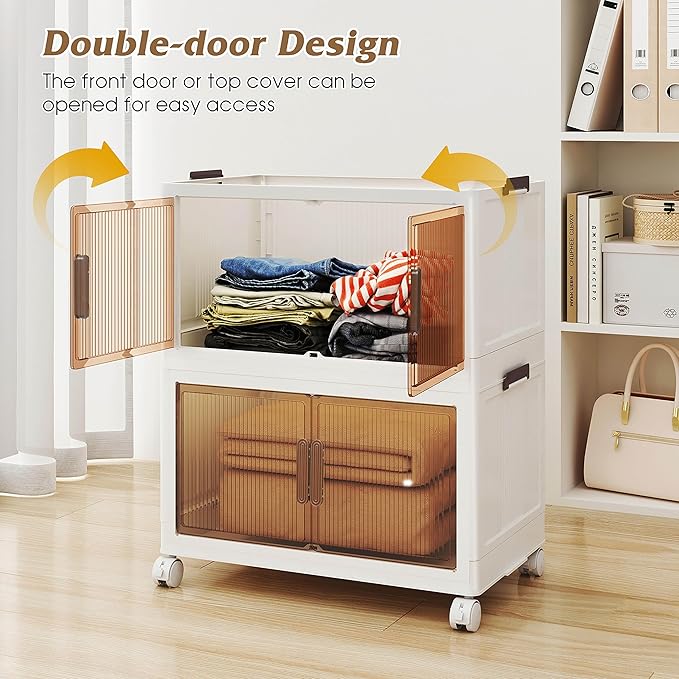 TUTURISLN 5 Tier Stackable Storage Bins Folding Collapsible with Lid 420Qt 105Gal/397L,Closet Organizers and Storage, Storage Box with Door Grey White