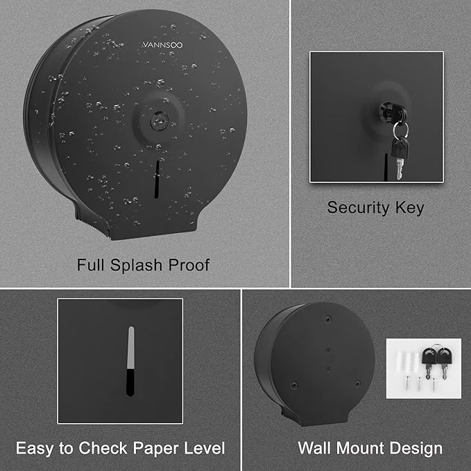 Commercial Jumbo Toilet Paper Dispenser, Wall Mount Stainless Steel 9 Inch Roll Toilet Paper Holder Bath Tissue Dispenser with Lock Key (Black)