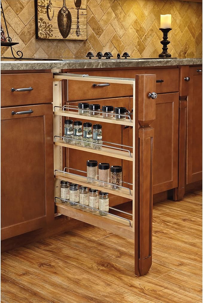 Rev-A-Shelf Base Filler Pullout Organizer Rack for Kitchen and Bathroom Cabinets with 3" Opening, Ball-Bearing Soft-Close Slides, Wood, 432-BFBBSC-3C