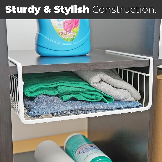 Under Shelf Storage Basket Set – 4-Piece White Wire Hanging Organizer for Kitchen, Pantry, or Cabinet Shelves