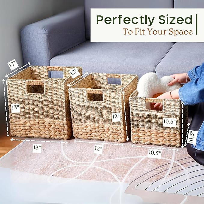 CHI AN HOME 11 Inch Cube Storage Bins, Wicker Storage Baskets for Cube Shelf, Natural Foldable Square Baskets for Storage, Large Woven Storage Bin with Handle, Baskets for Pantry, Living Room Set of 4