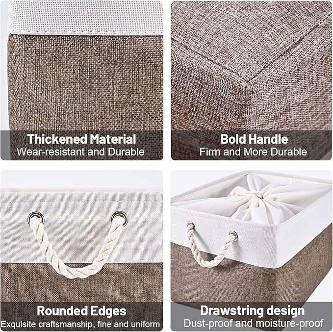 HOdo Home 15.8×11.8×9.5In/3PCS Fabric Storage Bin with Drawstring Closure and 2 Bold Handles, Collapsible Large Canvas Storage Baskets for Organizing Shelf Nursery Home Closet (Brown)