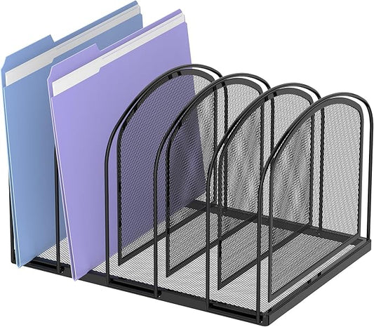 SUPEASY File Organizer for Desk, 5-Section Mesh Desk Organizer, Vertical File Holder Desktop Organizer File Sorter, File Folder Holder for Office Supplies, Black