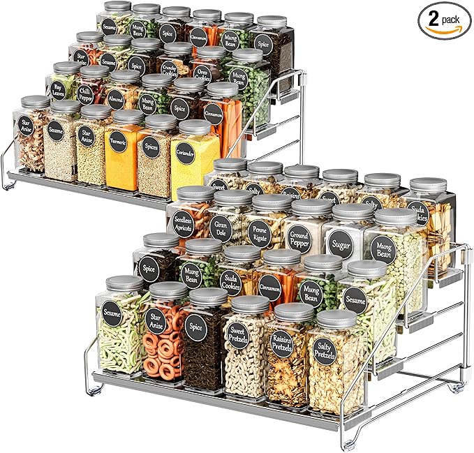 BOIVSHI Heavy Duty Spice Rack for Cabinet, Space Saving 4 Tier Spice Organization for Cabinet, Adjustable Depth Spice Shelf for Cabinet, Counter, Pantry - Chrome, 2 Pack