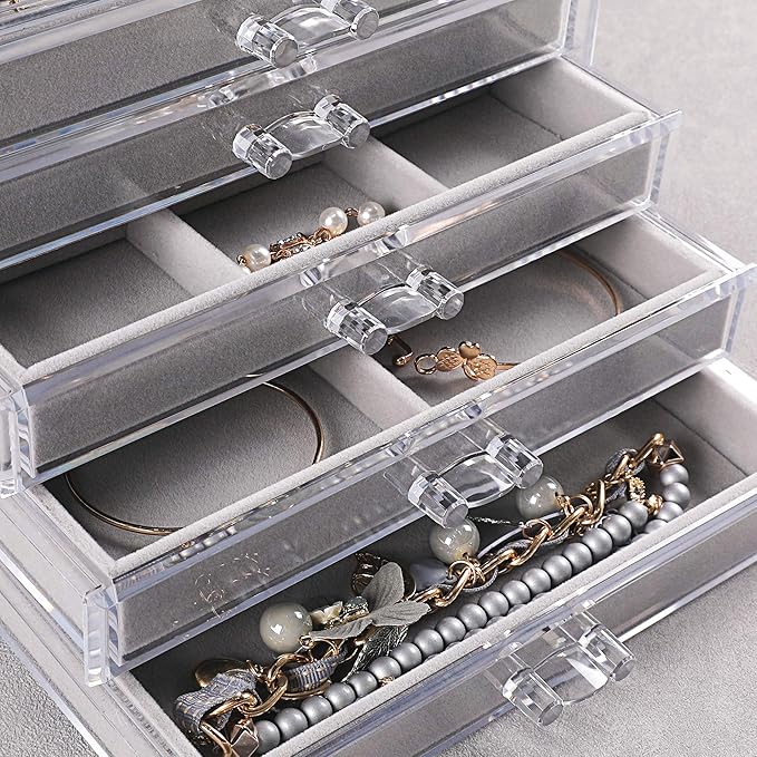 Frebeauty Extra Large Acrylic Jewelry Box for Women 5 Layers Clear Jewelry Organizer Velvet Earring Box with 5 Drawers Rings Display Case Necklaces Holder Tray for Women Girls (Grey)