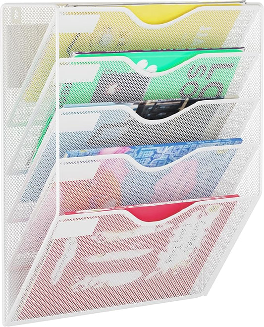 5-Tier Magnetic File Holder, No Drilling Wall File Organizer, File Folder Bins, Mail & Magazine Rack, Magnetic Paper Document Holder for Refrigerator File Cabinets Whiteboard, White