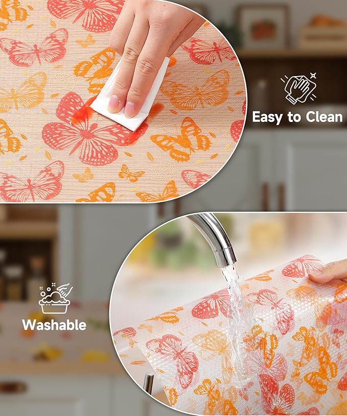 Reusable Non-Adhesive Drawer and Shelf Liner for Kitchen Cabinets - Waterproof Shelf Paper, Easy to Cut and Install - Suitable for Cabinets, Drawers, Shelves, and Desks(Red Butterfly, 23.6"W x 236"L)