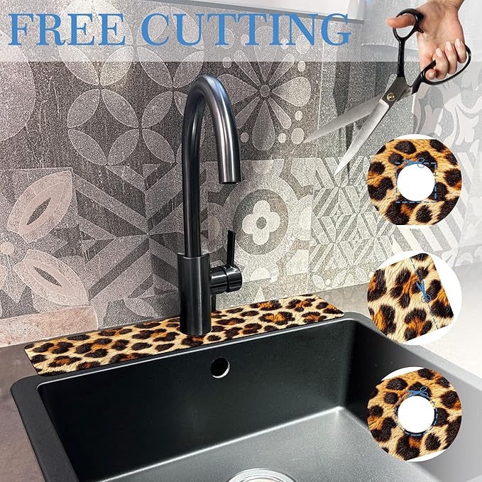 Faucet Mat Splash Guard Leopard Fur Animal Texture, Soft Diatom Mud Material, Strong Water Absorption, Non-slip,Easy to Clean for Bathroom, Kitchen 23.5"X5.5"