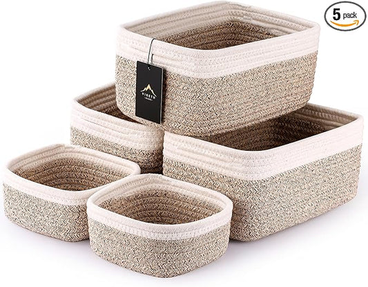 5-Pack Small Woven Rope Storage Baskets – 2 Sizes Organizer Bins for Closet, Shelf, Bookshelf, Nursery, Changing Table, Fabric Cube Boxes, Rectangular Shallow Bins for Bathroom, Toy & Home