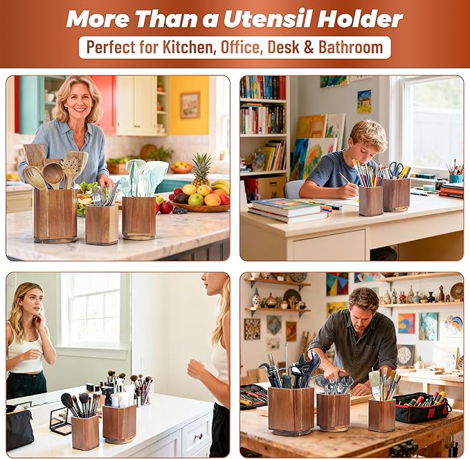 Wooden Utensil Holder Set: 3PCS Extra Large Acacia Wood Organizer with 360° Rotating Base for Kitchen Countertop - Farmhouse Storage Crock for Multi-Generation Family & Cooking Enthusiasts