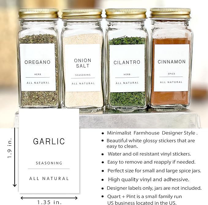 Quart + Pint 140 Glossy Spice Jar Labels: Minimalist White Sticker Black Text. Waterproof Stickers. Organization for Jars Bottles Containers Bins. Storage Rack Systems for Kitchen & Pantry Labels.
