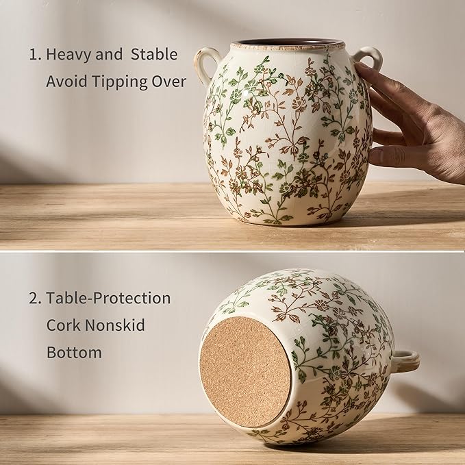JIEMEI HOME Kitchen Utensil Holder with Handle, 6.69" Stable Pastoral Floral Ceramic Utensil Crock for Countertop, Utensil Organizer with Cork Bottom, Spatula Holder For Kitchen Decor, Green and Beige