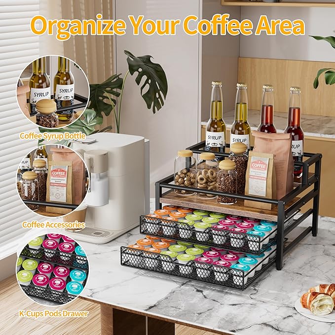 4 Tier Coffee Syrup Rack Organizer, Coffee Bar Organizer with 2 Sliding Drawers for K Cup Holder, Coffee Pod Holder for Coffee Station, Kitchen or Office Countertop, Brown