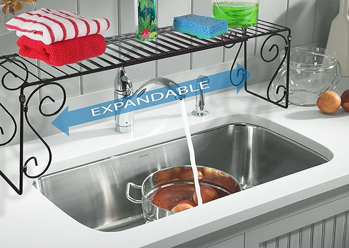 Expandable Over Sink Shelf, Adjustable Metal Sink Organizer (24.5"–40.75") – Kitchen Counter Storage Rack for Soap, Sponge, Plants – Space Saving Over Sink Shelf, Bathroom & Pantry Organizer