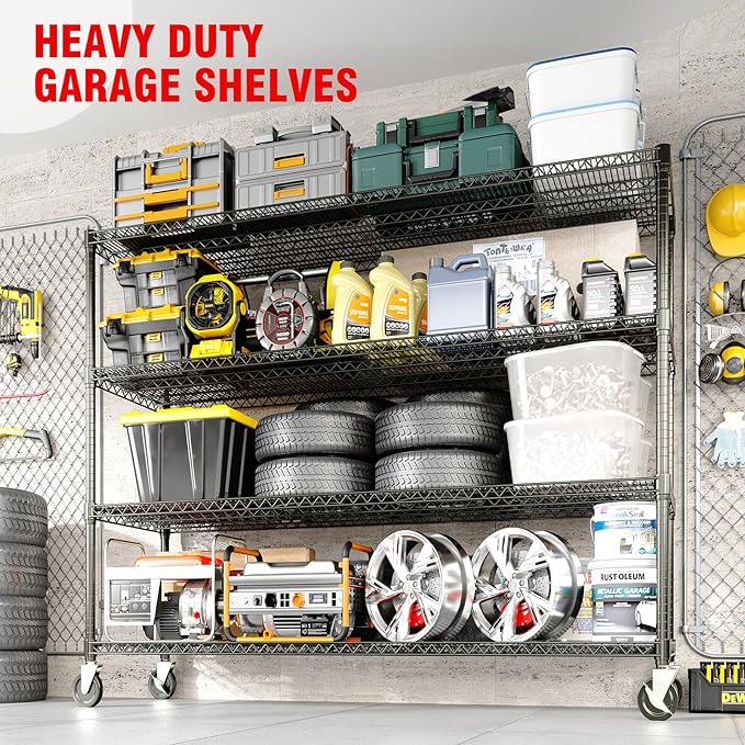 4 Tier Industrial Storage Shelving Unit 2640LBS Capacity, Heavy Duty Adjustable Metal Shelves w/Wheels & Leveling Feet, Garage, Workshop, Basement Rack Shelf, 73.8" H*23.9" D*59.8" W