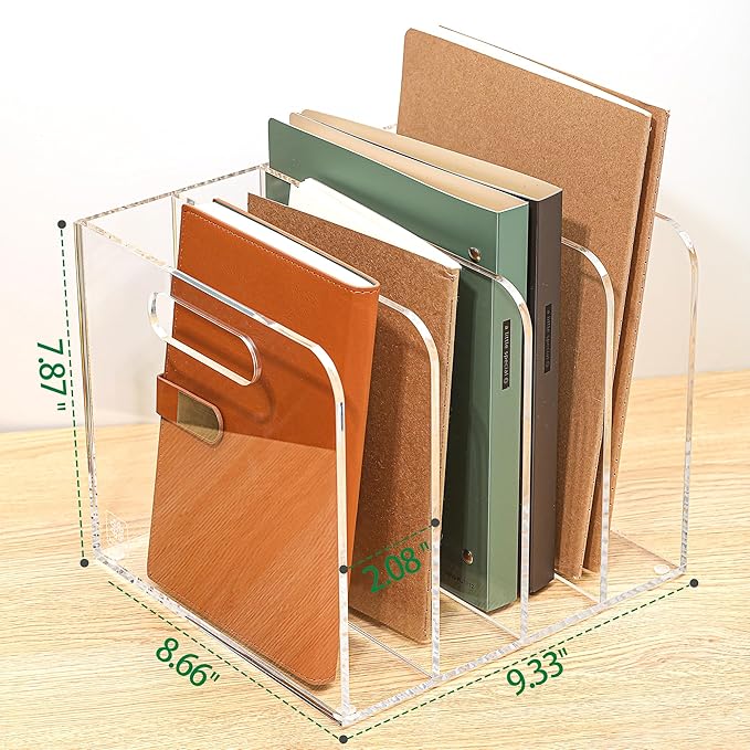 4 Vertical Compartments Clear Acrylic Magazine & File Holder – Multipurpose Desk Organizer for Office, Tablets, Magazines, Books – Documents/Home/Classroom Rack