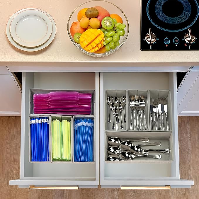 Drawer Organizer - 4-Piece Rigid Fabric Storage Bin Set - Fits Gallon, Quart and Sandwich Bags, Utensils & Silverware