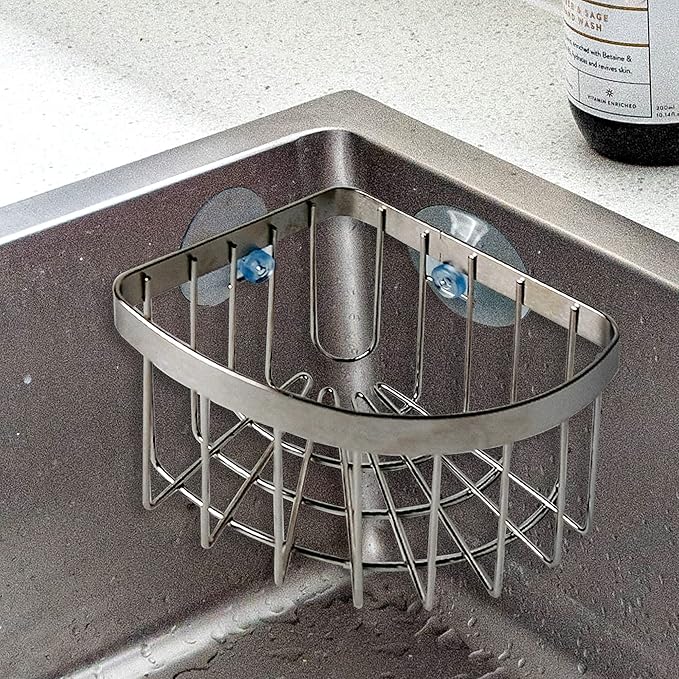 Sink Caddy, Dish Cloth Hanger Sponge Holder, Save Space Triangle 2-in-1 Sink Caddy, 304 Stainless Steel Corner Kitchen Sink Organizer, No Drilling with 2Pcs Suckers