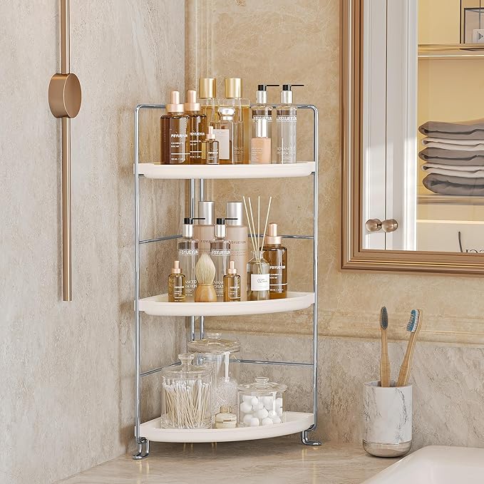 FSyueyun 3-Tier Bathroom Corner Shelf Organizer Countertop, Kitchen Spice Rack Vanity Tray Perfume Makeup Organizer Cosmetic Storage Tray Standing Shelf (Sliver)
