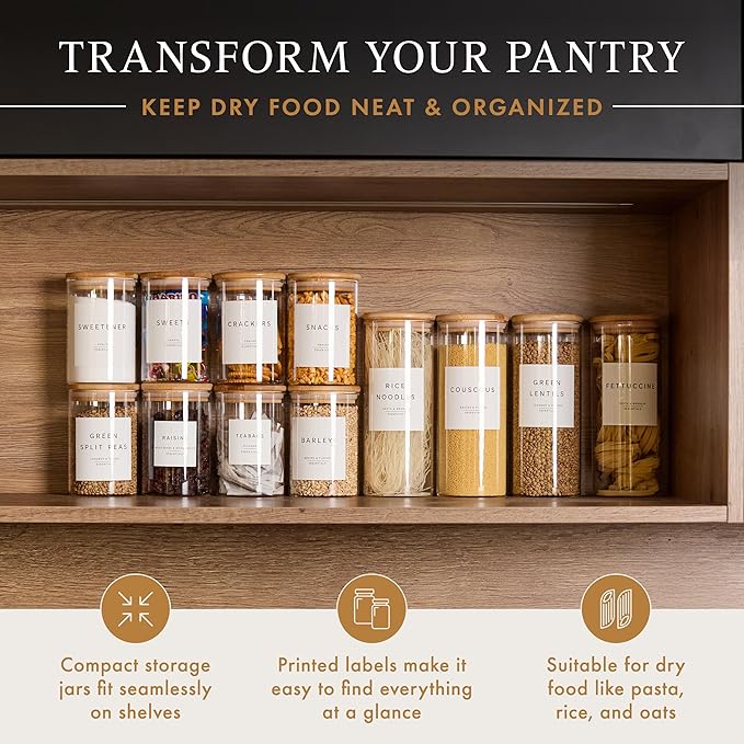 Glass Pantry Storage Containers with Lids- 420 Pantry Labels– Set of 12 (8 x 20oz& 4 x 34oz) Glass Canisters with bamboo lids-Perfect Pasta Storage Containers-AIrtight-Kitchen Canisters