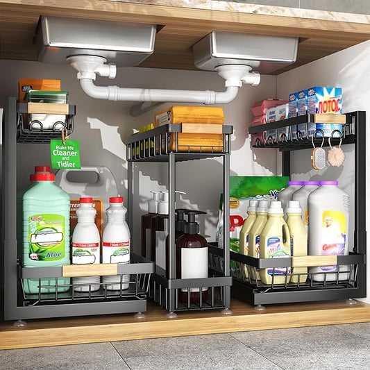Sevenblue 3 Pack Under Sink Organizer, Height Adjustable 2 Tier Pull-Out Metal Under Kitchen Sink Organizer, Multi-Purpose Storage Shelves for Kitchen Bathroom Cabinet (Black)
