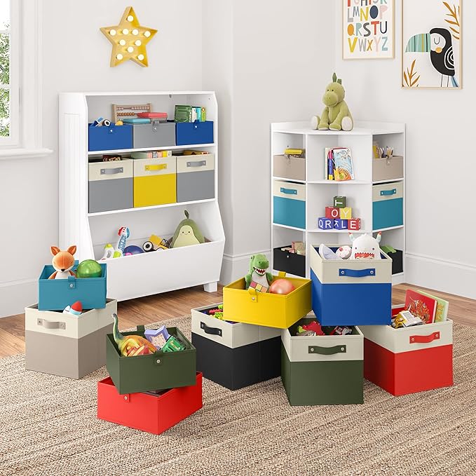 RiverRidge Kids 2pc Folding Storage Bins Set - 10.5” Bin Organizer with Handles - Olive Closet Organizer and Storage for Toys, Games, Shoes - Foldable Cube Storage Organizer Bins for Playroom, Nursery