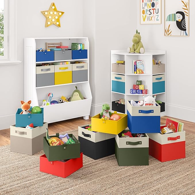 RiverRidge Kids 6pc Folding Storage Bins Set - 10.5”W x 5”H Fabric Boxes with Handles for Closet Organizer & Storage - Taupe Cube Storage Organizer for Toys, Clothes & Crafts - Fits RiverRidge Shelve
