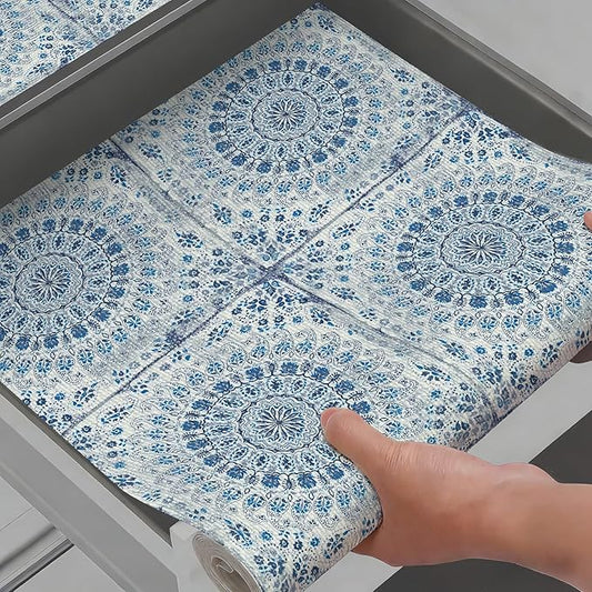 Vuacepe Drawer and Shelf Liner for Kitchen Cabinets Non-Adhesive Waterproof Boho Shelf Liner Strong Grip Non-Slip Drawer Liner Easy to Clean Blue Cabinet Liner for Shelf Dresser Cupboard 12IN × 10FT