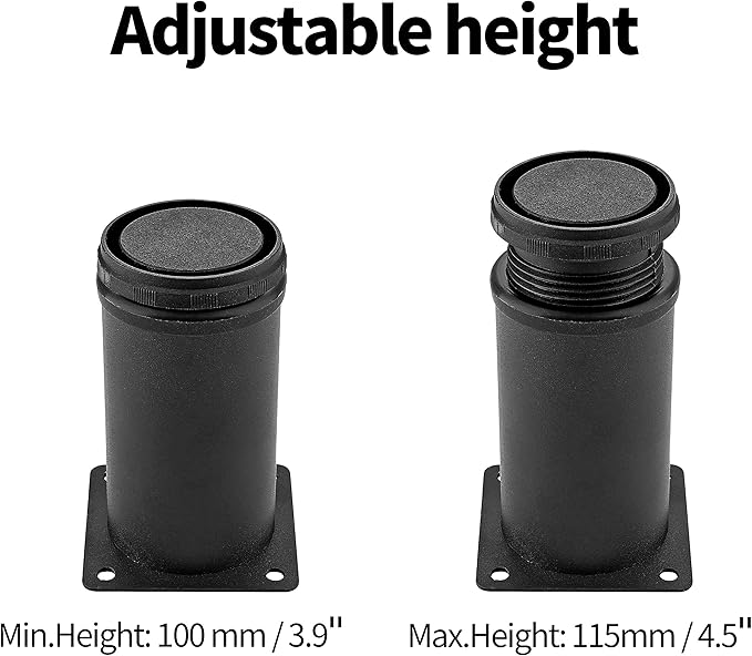 Set of 4 Stainless Steel Furniture Legs 4 Inch, Adjustable Round Cabinet Legs 2" Dia Kitchen Feet, Metal Replacement Legs for Cabinet Sofa Couch Shelves Table (Black)