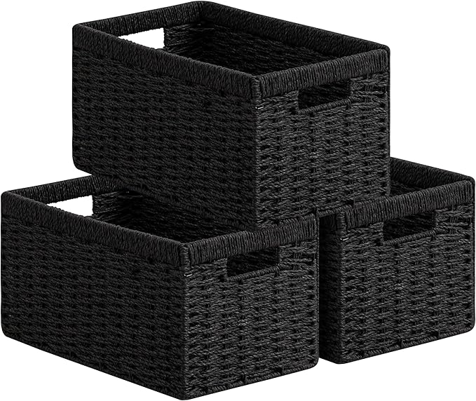 joybest Black Wicker Storage Baskets, Hand-Woven Paper Rope Wicker Baskets for Organizing, Foldable Rectangular Storage Organizer Bins for Shelves with Built-in Handles 13.4L x 8.3W x 7.1H Set of 3
