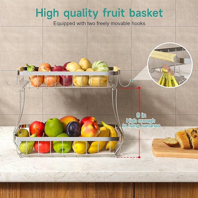 2 Tier Large Fruit Basket for Kitchen Counter with 2 Mobile Banana Hangers, 2026 Pro Detachable Metal Fruit Bowl with Wooden Handle (Silver, 2 Tier Extra Large)